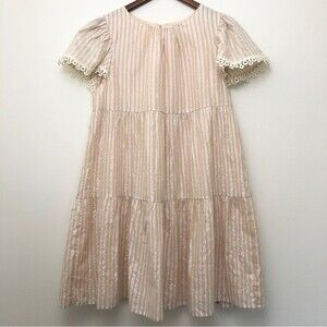 Aura Dress Womens Medium Striped Pink Silver Linen Tiered Babydoll Lace Trim New
